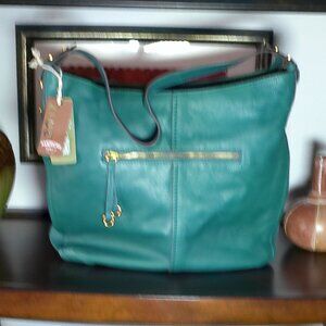AMERICAN LEATHER CO. NWT Summit Large Top Zip Hobo Teal Purse w/24" Strap